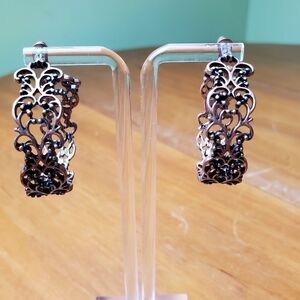 Earrings, bronze and black hoops, 1.5 inches